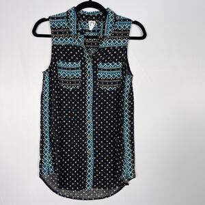 Anthropologie Akemi + Kin XS Ira Tribal Print Sleeveless Button Top Black Blue